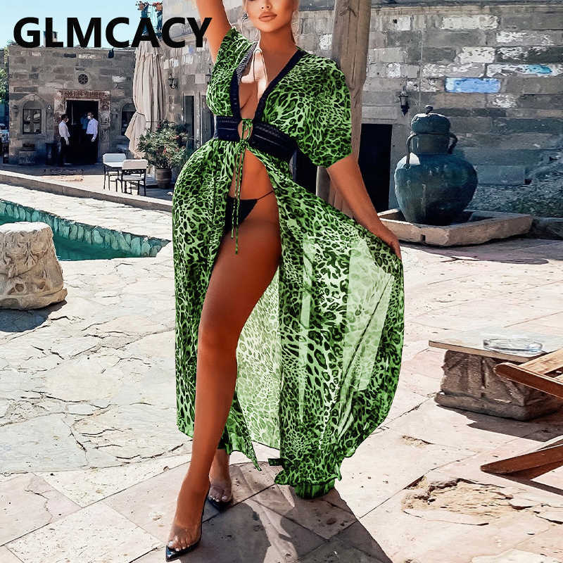 Short Sleeve V Neck Leopard Dress Summer Beach Cover Ups Long Dress 210702