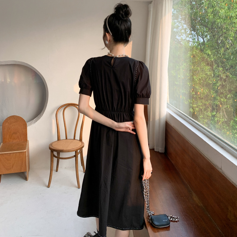 Women Dress O-Neck Puff Sleeve Mid-calf Plaid Temperament Loose Fit Fashion Summer 2H276 210526