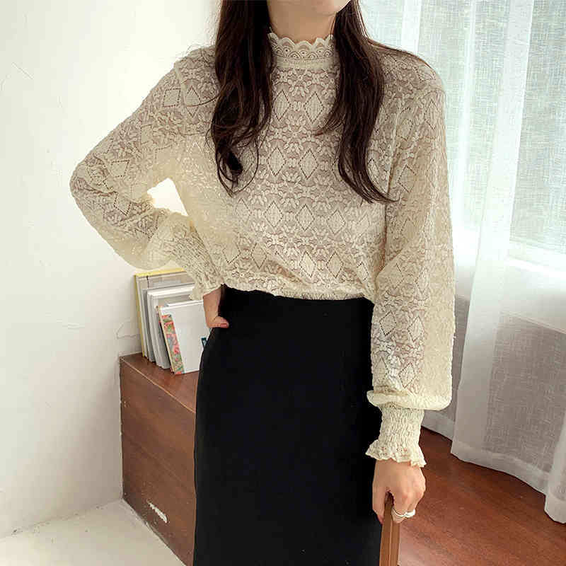Nomikuma Autumn Winter Baisc Lace Shirt Puff Long Sleeve Stand neck Women Blouse Causal Elegant Hook Blusas Top 6D164 210427