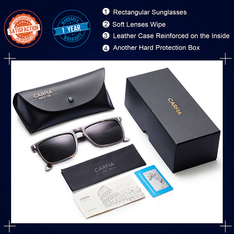 Carfia Mens Sunglasses Polarized Lenses Vintage Sun glasses 100% UV Protection 53572 Square 54mm with case