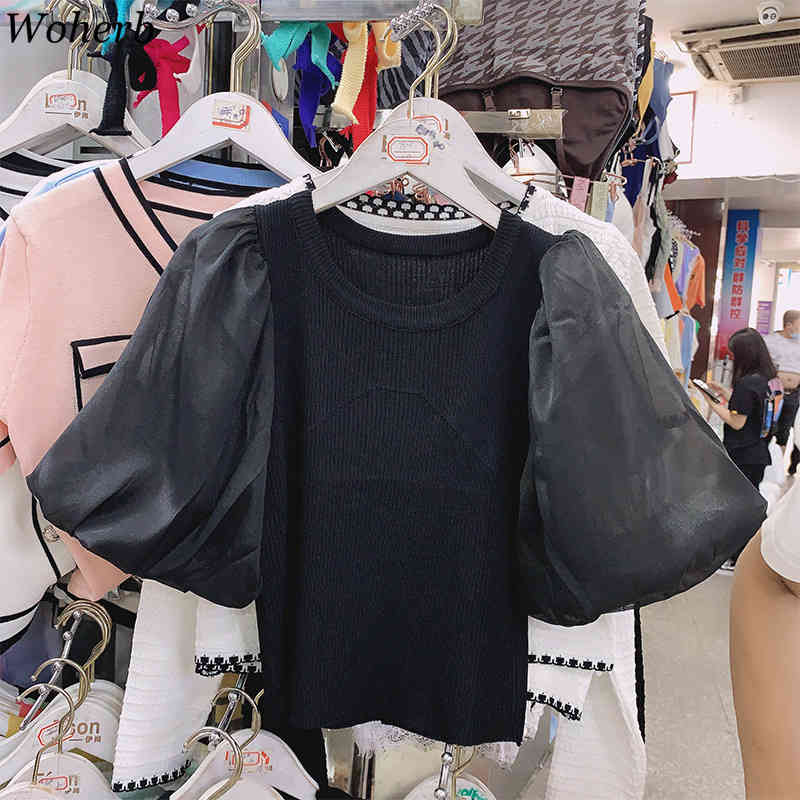 Korean Thin Knitted T-shirt Tops Women Summer Vintage Puff Sleeve Knitwear Fashion Ladies Tshirts Chic 210519