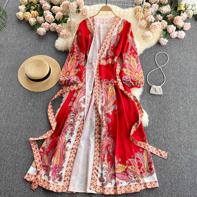 DEAT Women Printing Belt Dress V- Neck Long Puff Sleeve Arrivals Lady Temperament Fashion Spring Summer 11D554 210709