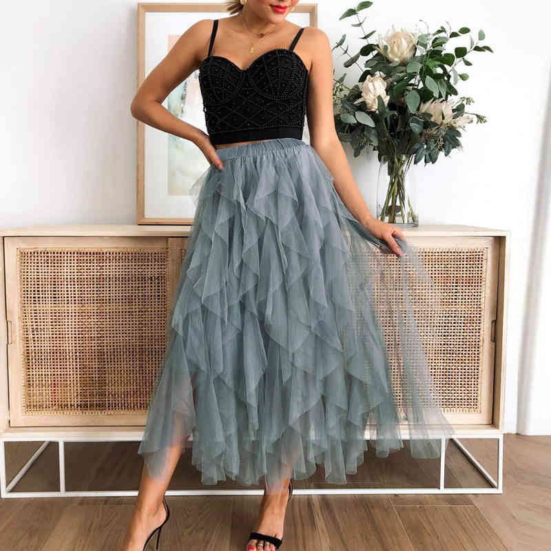 Irregular Hem Tulle Skirts Women Summer Fashion Elastic High Waist Mesh Midi Skirt Female Pleated Long Skirt Casual Party Skirts 210507