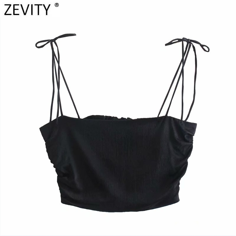 Zevity Women Spaghetti Strap Black White Color Chic Camis Tank Ladies Summer Back Elastic Pleated Short Sling Crop Tops LS9070 210625