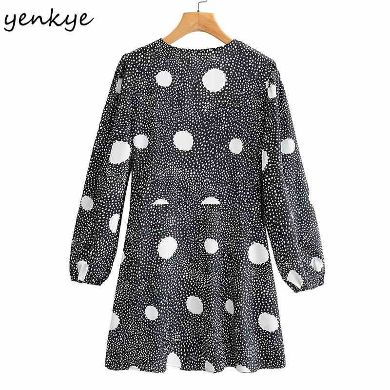 YENKYE Spring Women Vintage Polka Dot Print Dress Long Sleeve V Neck A-line Mini Casual Dress Plus Size Vestido 210515