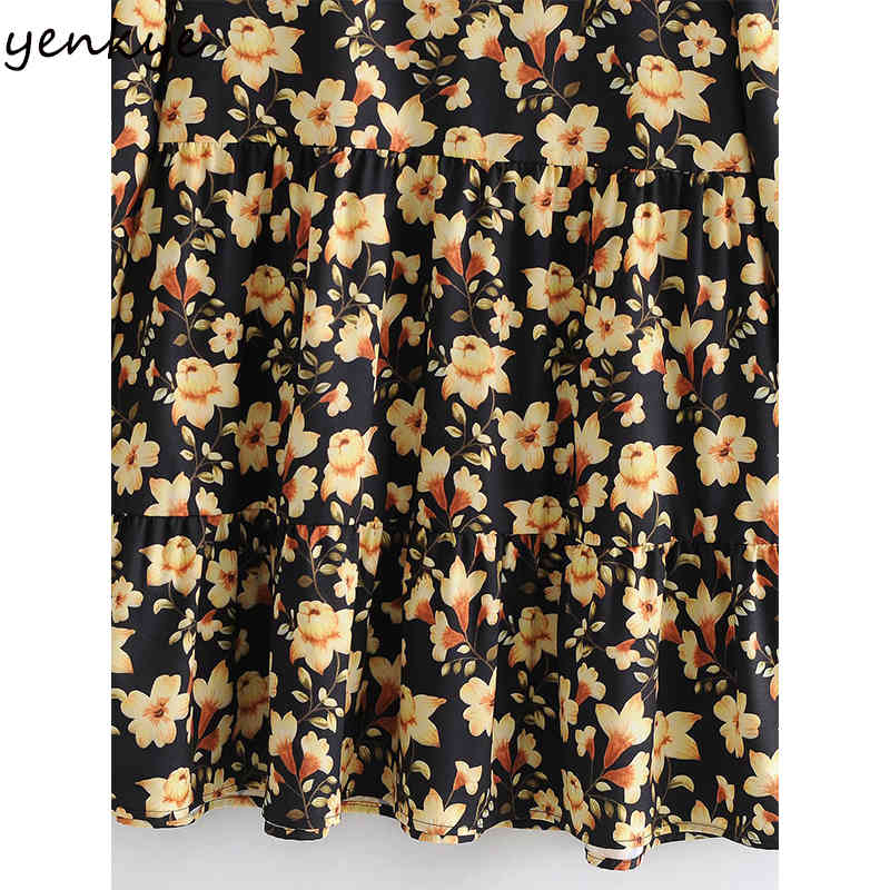 YENKYE Vintage Yellow Floral Print Dress Women Lantern Sleeve V Neck Pleated Casual Loose Dress Spring Plus Size Short Vestido 210515