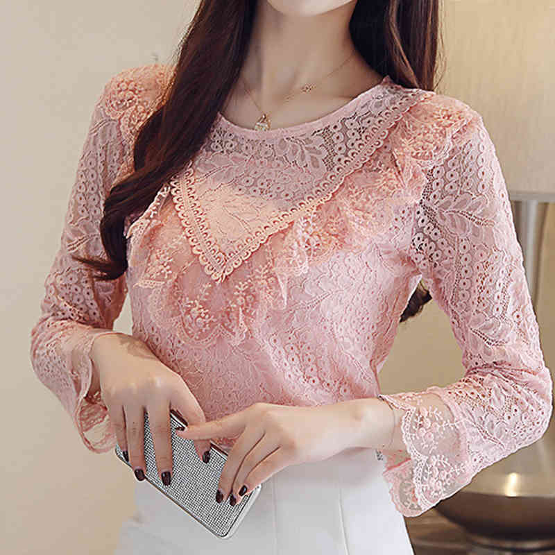 dames blouse zomer sexy hollow lace shirt flare long sleeve women shirts ruffles o-neck tops 2626 50 210427