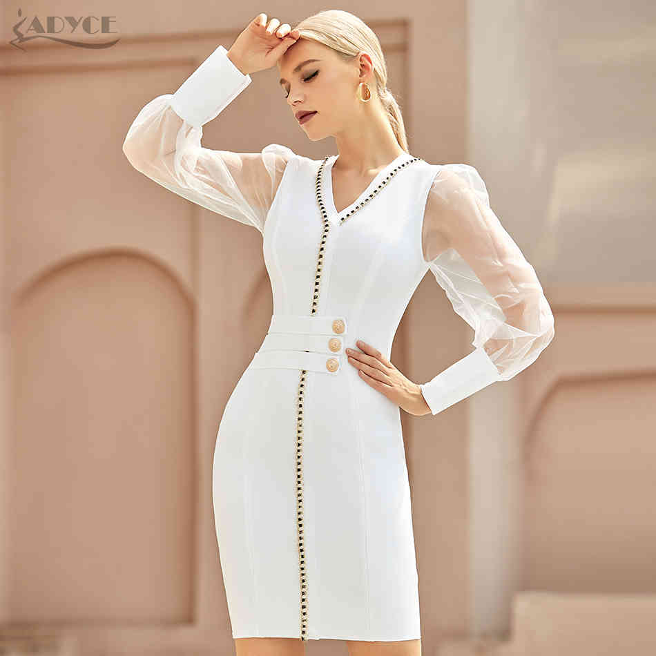 Summer Women White Lace Bodycon Bandage Dress Sexy V Neck Long Sleeve Button Evening Celebrity Club Party Dresses 210423