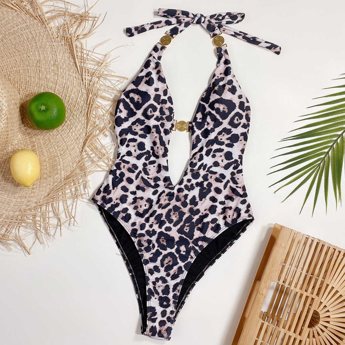 Leopard Print Sexy Hollow Out Halter Bikini Swim Summer Backless Lace-up with Padded Push Up Bodysuit Swimsuit 210604
