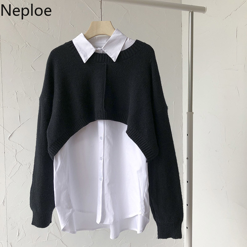 Neploe Korean Fashion Suit Two Piece Outfits for Women Knitted Cropped Sweater Loose White Shirt Tops Casual 2 Piece Set 210422