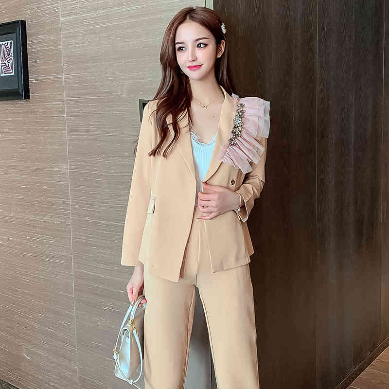 Autumn Long Sleeve Blazer+Trouses Office Two-piece Set Women Business Pants Set Stylish Lady Elegant Formal Set Suit 210515