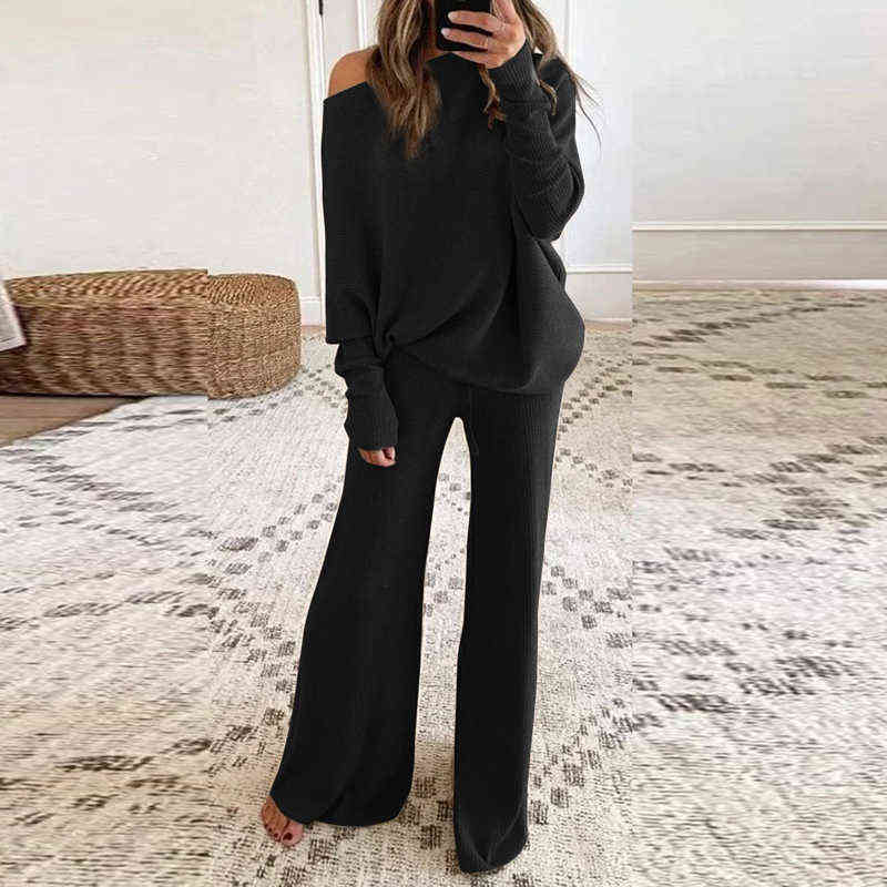 Fashion Women's 2-piece Long-sleeved Suit Knitted Sweater Pullover Wide-leg Pants Ladies Round Neck Casual Suit Tracksuit 211116
