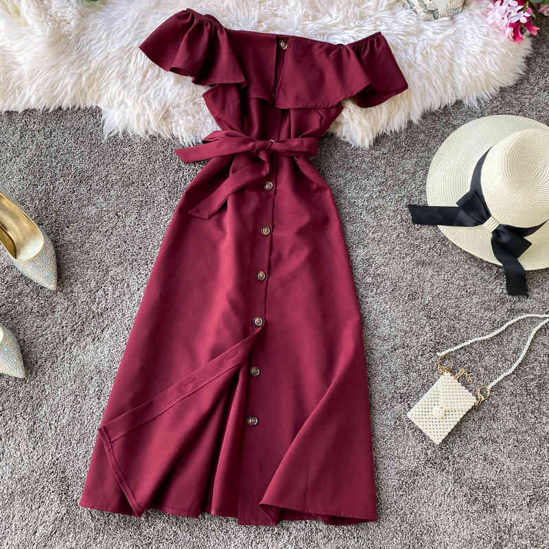 Women Beach A-line Elegant Dress Vintage Slim Button Ruffles Bandage Midi Summer Party Vestido De Festa Sexy Off Shoulder 210521