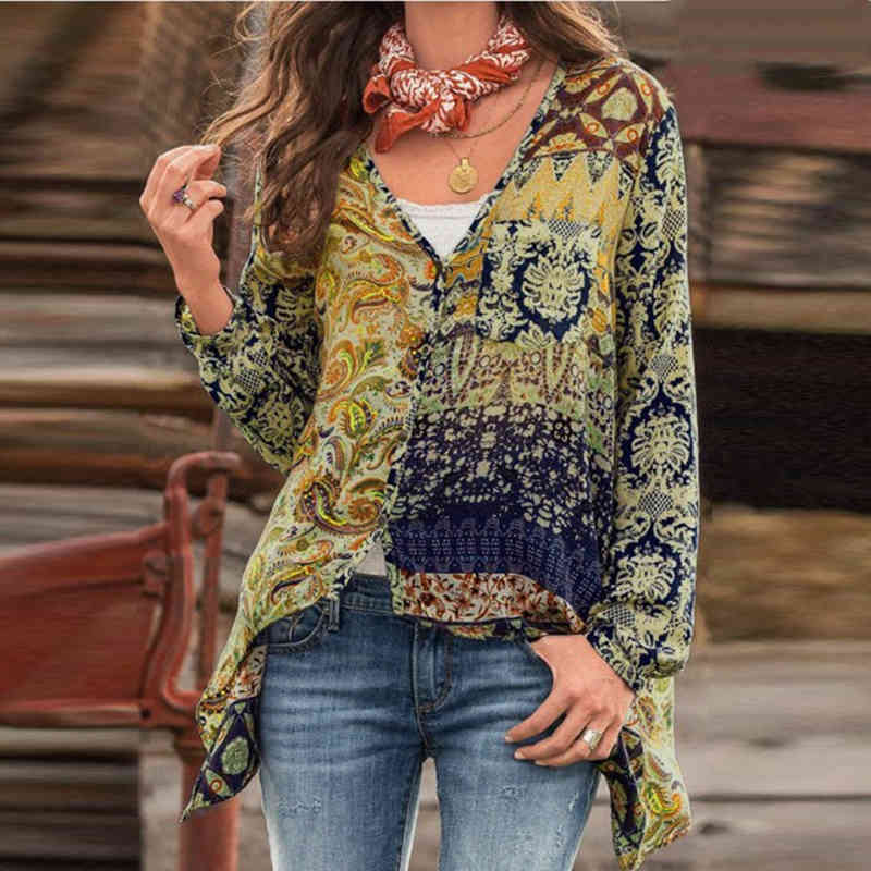 T-Shirt Summer Elegant Retro Tshirts V Neck Long Sleeve Thin Women Shirts Fashion Print Tops Office Lady Casual Loose T-Shirts 210515