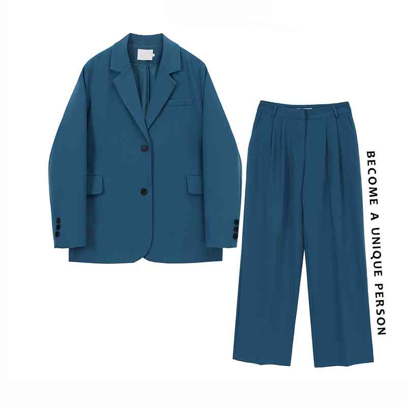 Lake Blue Jacket Female Spring Trousers Two-piece Suit Chic Blazer Double Breasted Long Sleeve Office Set 210510