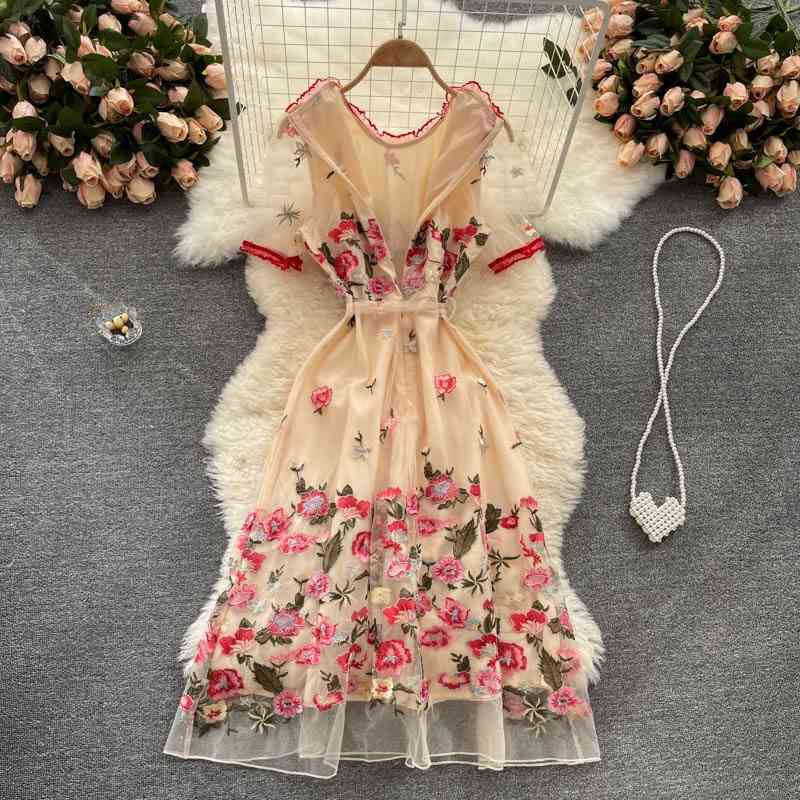 Comelsexy Fashion Summer Dress Women's Mesh Embroidery Flowers Vintage Elegant Temperament Dresses Vestidos 210515