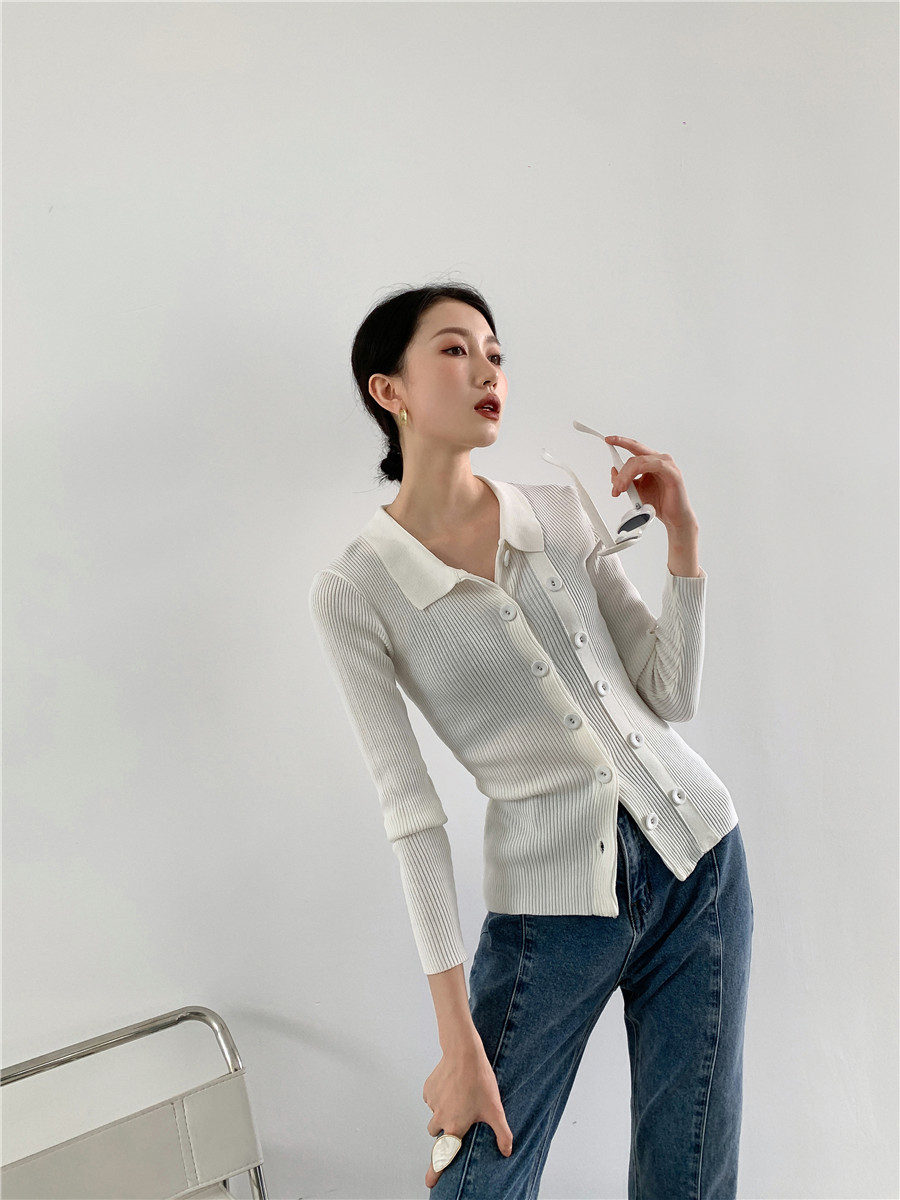 White Cardigan Sweater Women Double Breasted Bodycon Knitted With Collar Knitwear Knit Top Autumn Winter 210427