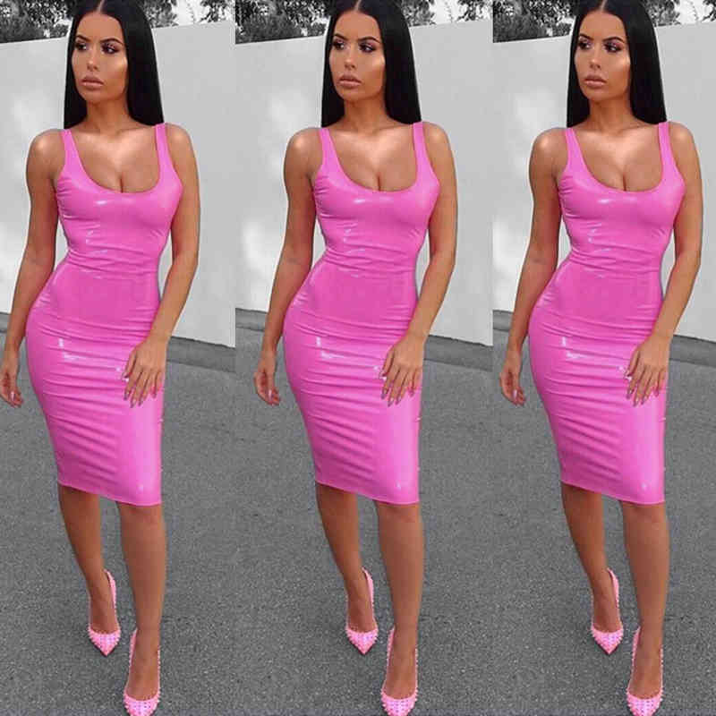 Women Pencil Dress Summer Fashion Sexy Ladies PU Leather Bandage Bodycon Strap Sleeveless Party Mini Black Pink Red Clubwear 210522