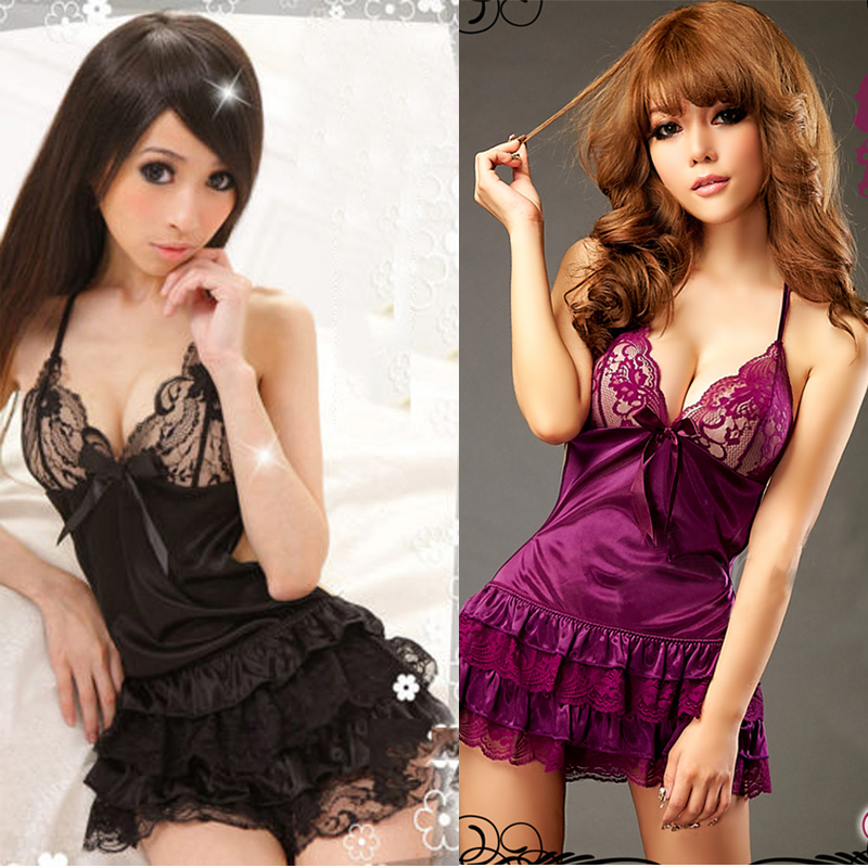 Sexy Col V-Col Manches Sleepwear Women's Dentelle En Mousseline de mousseline Lingerie Robe G-String Babydoll Nightwear Nightwear Exotic Naturel