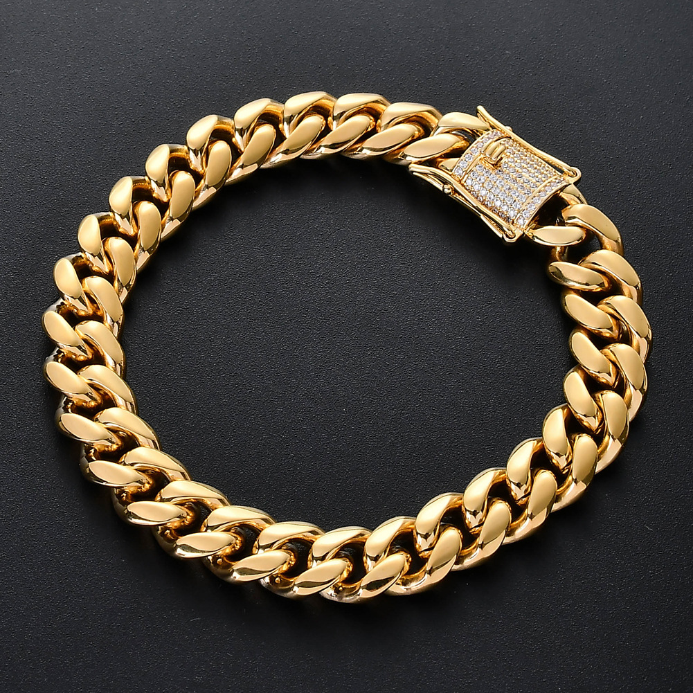Men's bracelet Link 8mm10mm12mm14mm stainless steel round grinding color preservation Cuban copper double-sided micro-inlaid zircon buckle head