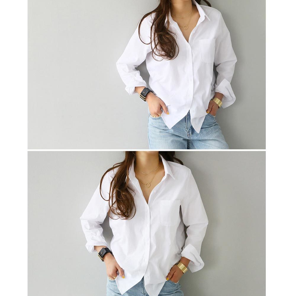 Spring One Pocket Women White Shirt Female Blouse Tops Long Sleeve Casual Turn-down Collar OL Style Loose Blouses 210428