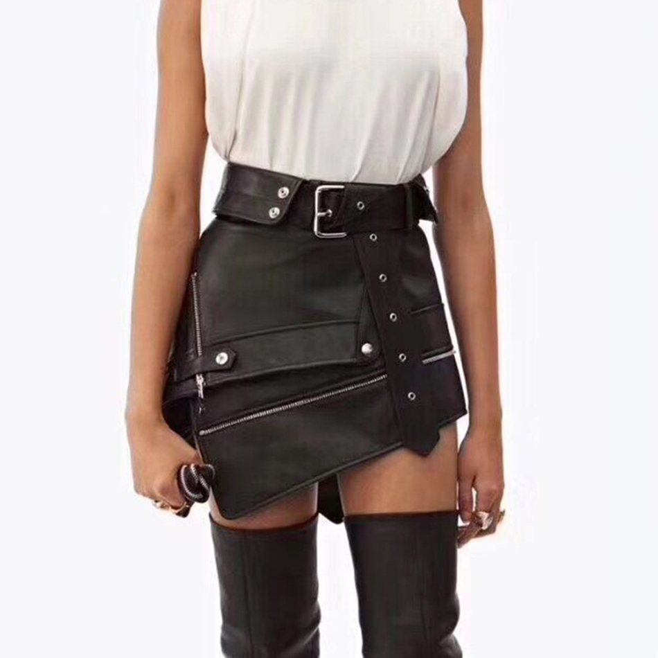 Summer Fashion Sexy Ladies Faux Leather Mini Skirt Black Irregular Pu Belt Zipper High Waist Female 210525