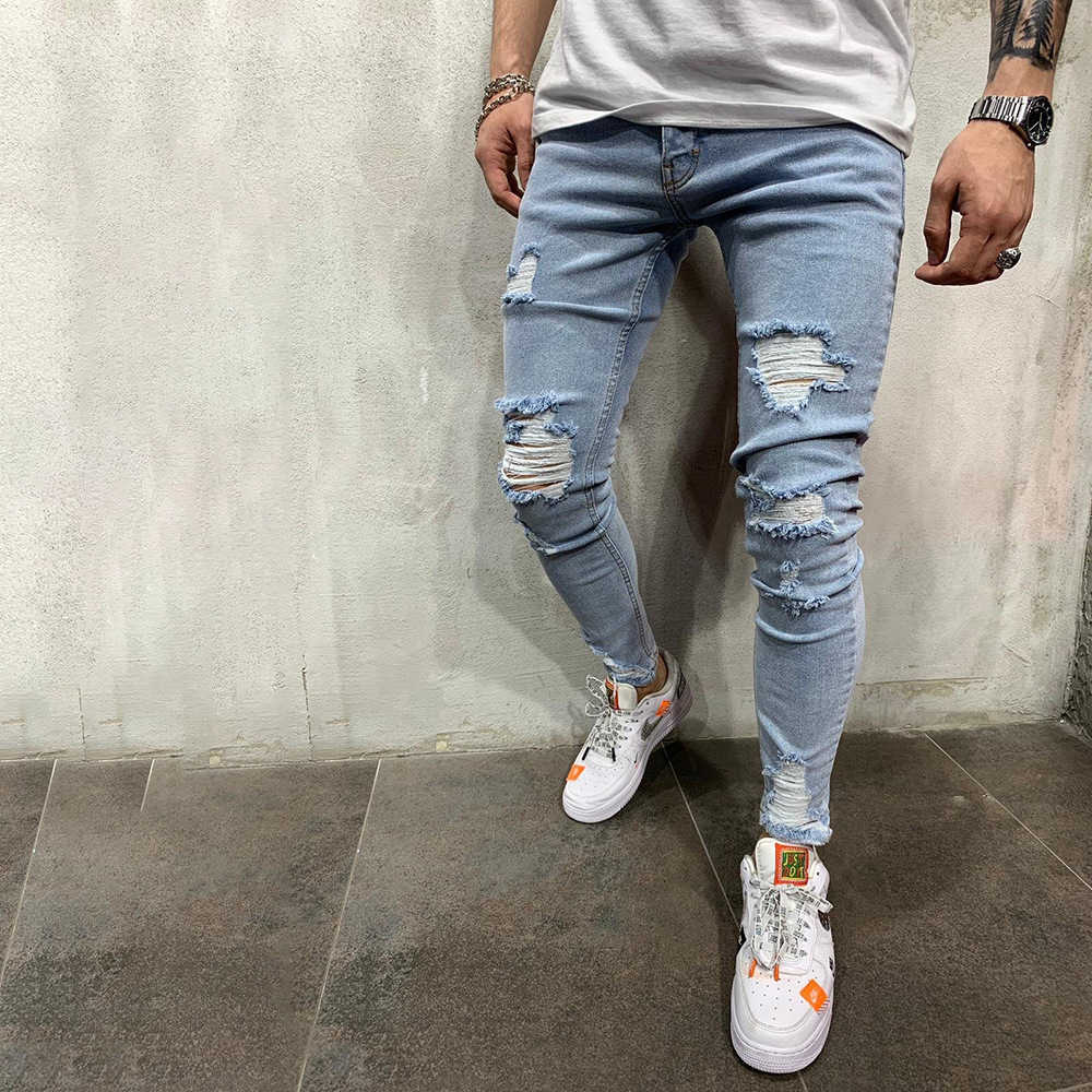 Adisputent Men's Sweatpants Sexy Hole Men Jeans Pants Casual Summer Autumn Male Ripped Skinny Trousers Slim Biker Outwears Pants 211011