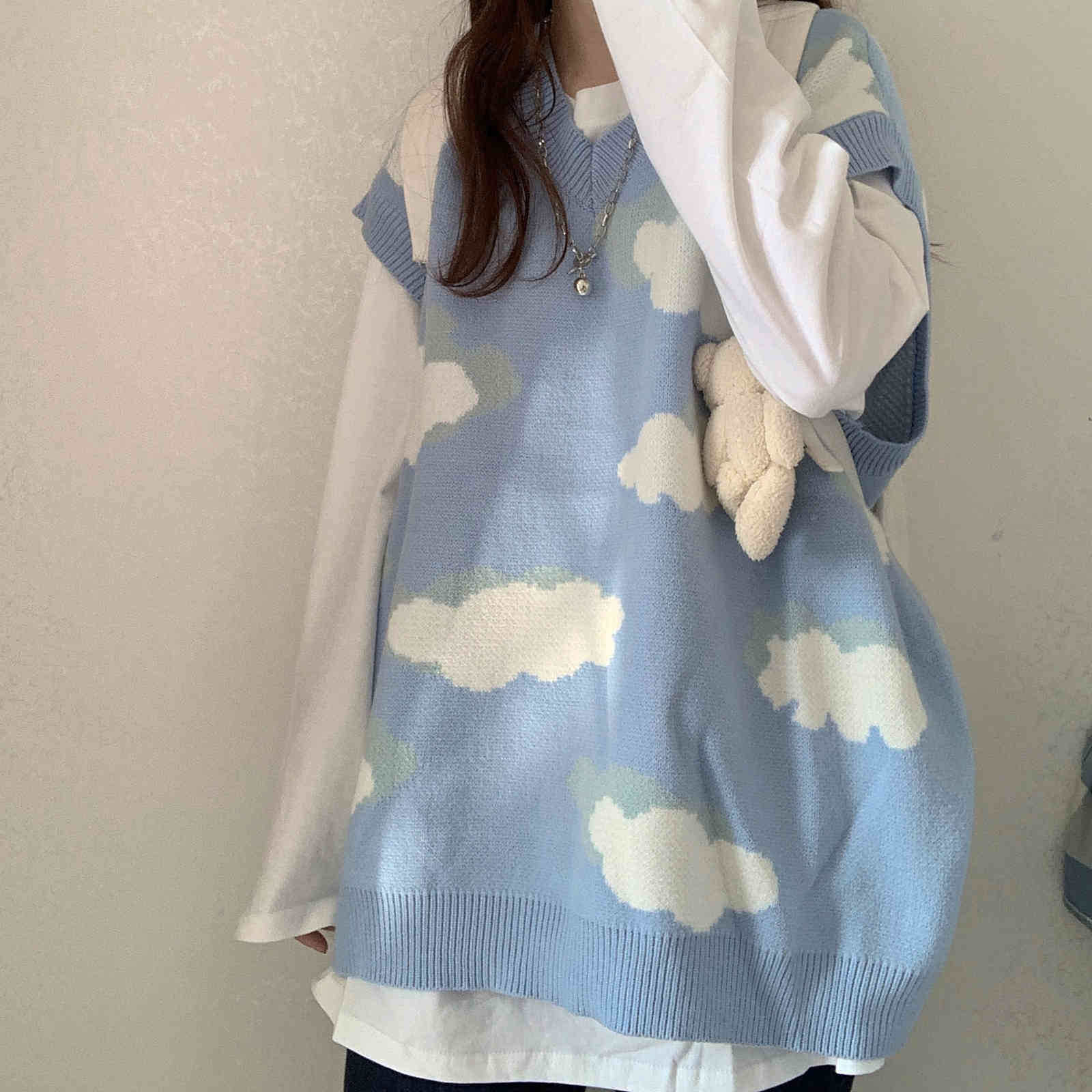 Nomikuma Autumn Winter Knitted Sleeveless Pullover Causal V-neck Oversized Women Sweater Korean Cloud Pull Femme 6C799 210427