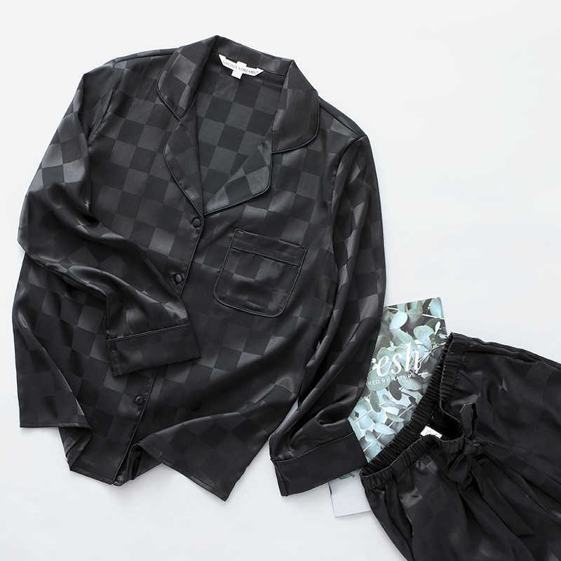 Women Satin Plaid Sleepwear Pajamas Casual Nightwear Lounge Wear Soft Intimate Lingerie Pyjamas 2PCS Shirt&Pants Q0706