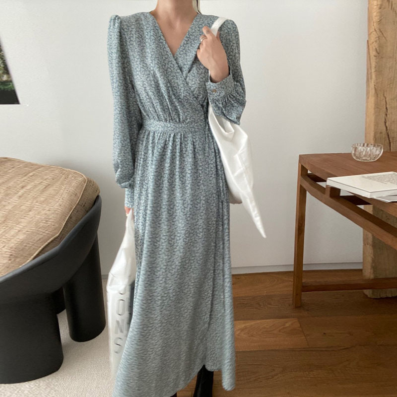 Elegant Maxi Long Dress Korea Chic Vintage Puff Sleeve Print s Casual V-neck with Ribbon Vestidos Feminino 12526 210506