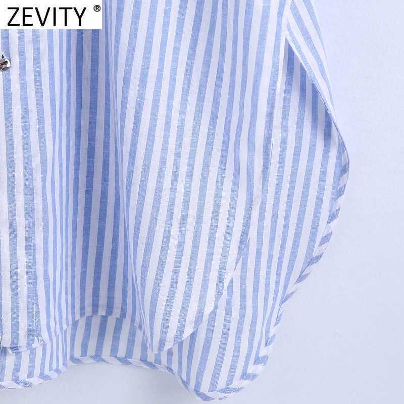 Zevity Women Vintage Striped Print Loose Smock Blouse Office Lady Short Sleeve Side Split Casual Shirts Chic Blusas Tops LS9352 210603