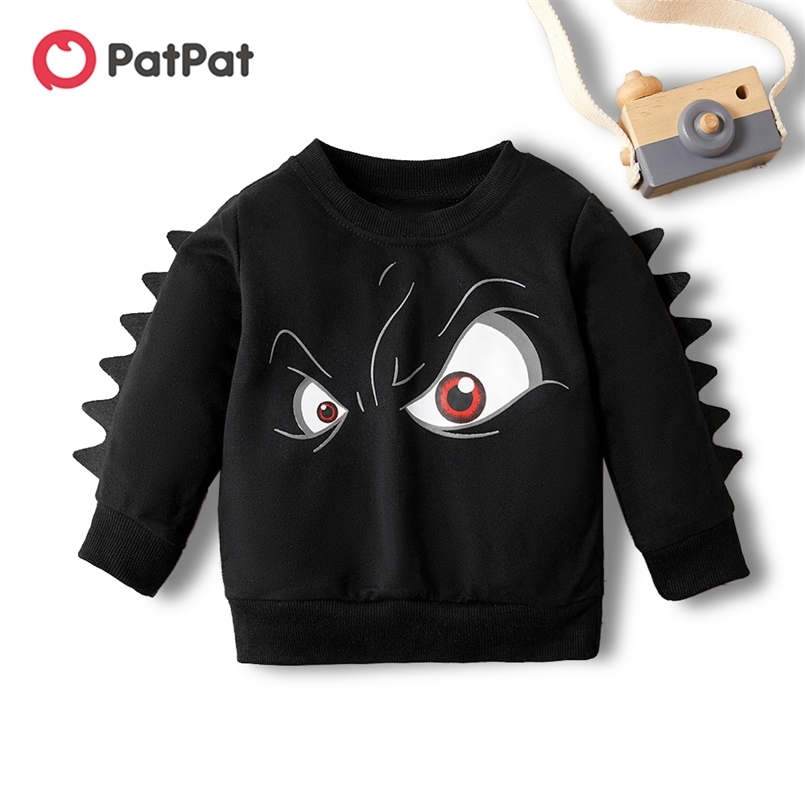 Spring and Autumn Baby Toddler Boy Cool Cartoon Eye Print Solid Dino Decor Pullover for KIds Sweatshirt 210528