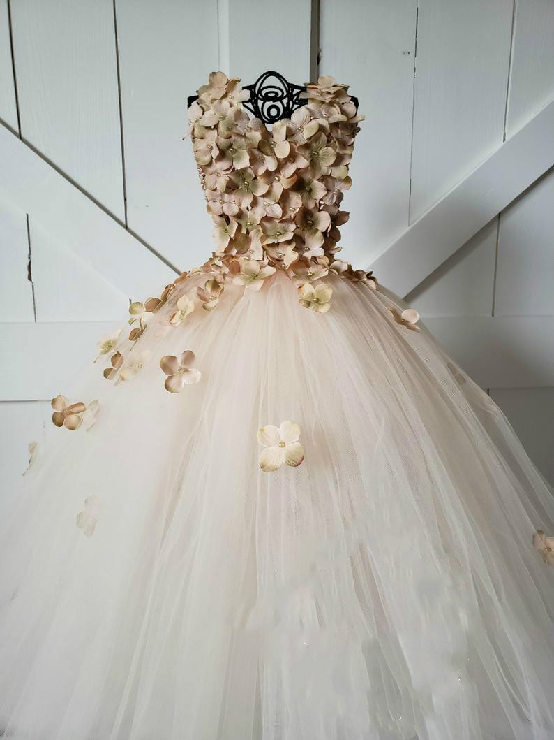 A Line Flower Girls Dress Jewel Neck Sleeveless 3D Floral Appliques Children Birthday Party Costume Tea Length Dresses