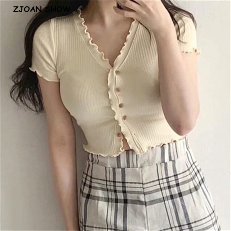 70's Vintage Rib Knit Wood ears V neck Short Sleeve Tee Base T-shirts Summer Single-breasted Button T-shirt crop top 210429
