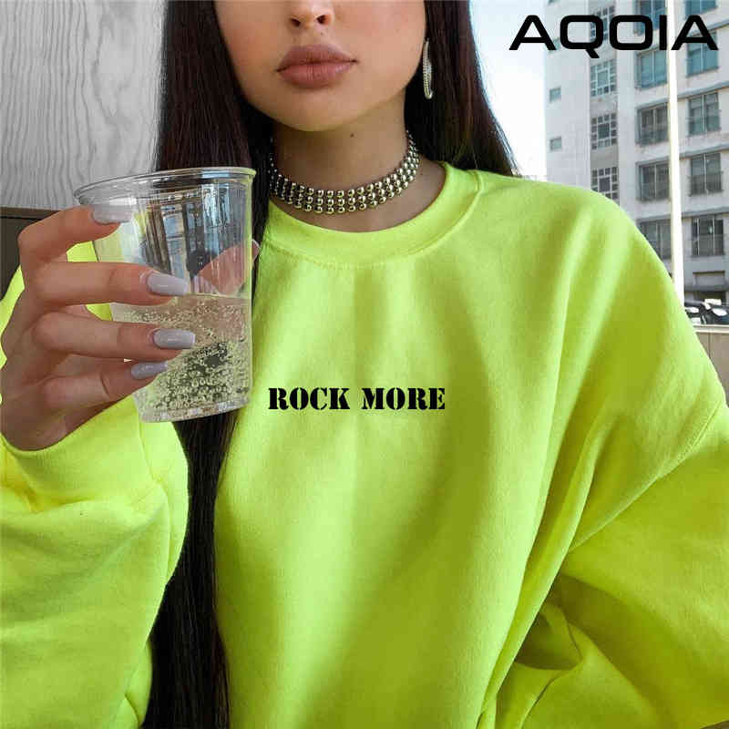 AQOIA Harajuku O-Neck Long sleeved Loose Letter Fluorescent Green Sweatshirt Women Autumn Winter Thick Pullover Clothing 210521