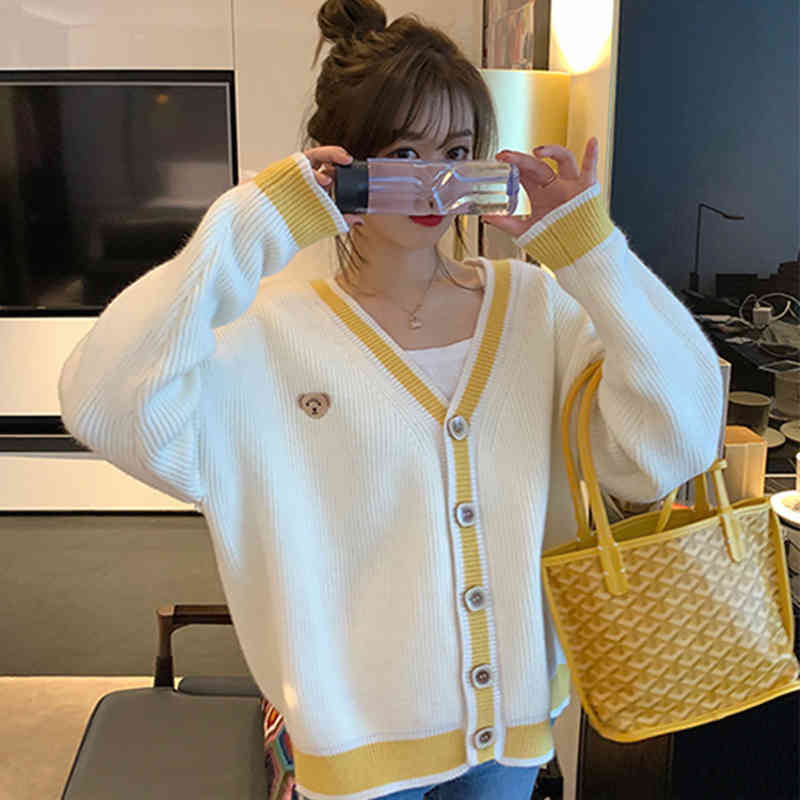 Spring Autumn Elegant Sweaters Tops For Women Yellow Loose Knitted Cardigan Korean Long Sleeve V-neck Buttons Outwear 210513