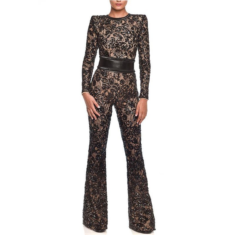 Women Jumpsuit Temperament Lace Rompers Womens Long Sleeve High Waist Slim White Black Autumn 210513