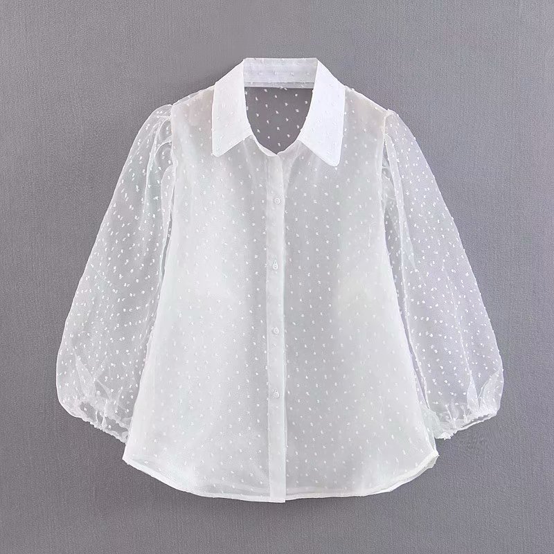 Aachoae Dot Embroidery Women Organza Blouse Lantren Sleeve Black See Through Chic Top Casual Turn Down Collar Shirt Blusas 210323