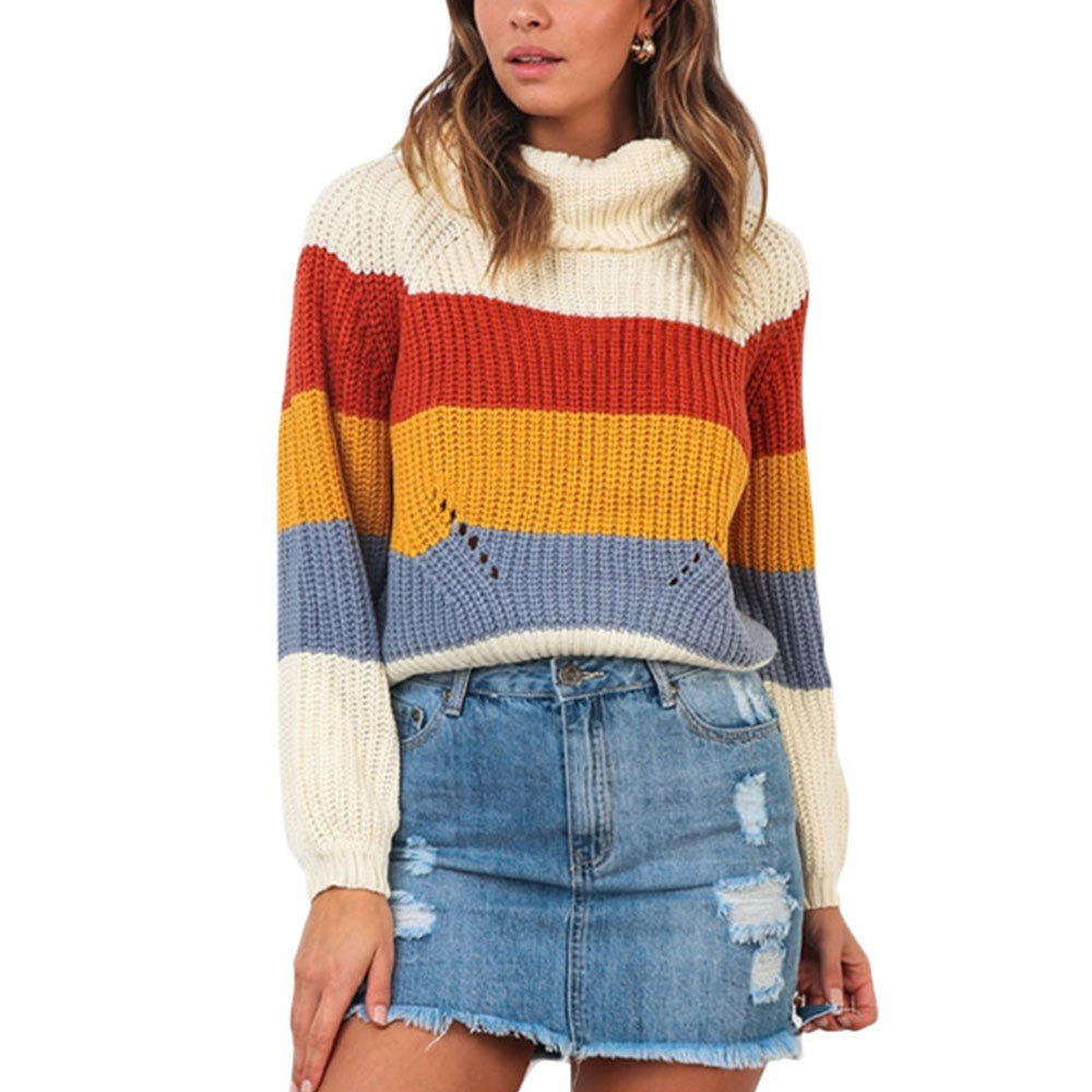 Rainbow Sweater Autumn Winter Batwing Sleeve Turtleneck Knitted Striped Patchwork Pullovers Korean Harajuku Jumper Tops 210428