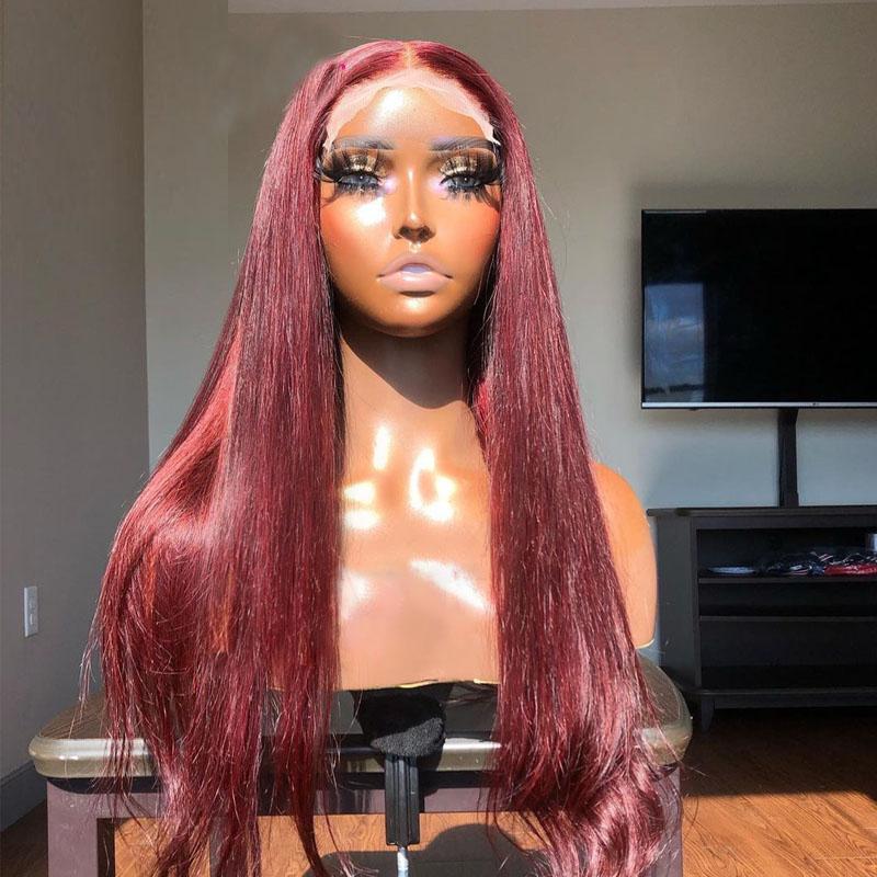 Synthetic Wigs 26Inch Long Burgundy Straight Lace Front Wig For Black Women With Baby Hair Heat Resistant Fiber 180%Density