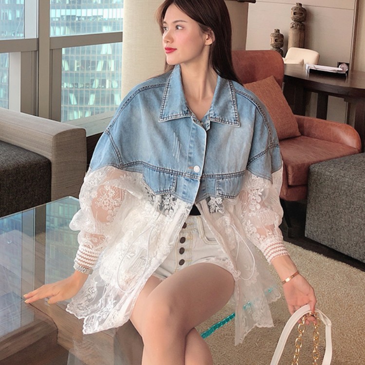 Women's Denim Jacket Lace Spring Summer Elegant Jeans Coat Fashion Ladies s Mujer 210519