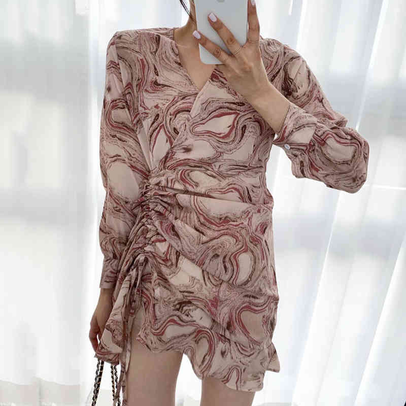 Retro Ink Painting Women Chiffon Dresses Spring Long Sleeve V-Neck Lace Up Pleated Sexy Short Mini Dress Mujer Vestidos 210514