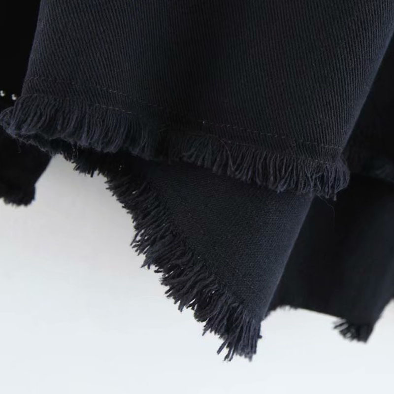 Black Studded Fringed Denim Shirt-style Women's Jacket Simple Large Size Autumn Lapel Long Sleeve Female Coat 210507