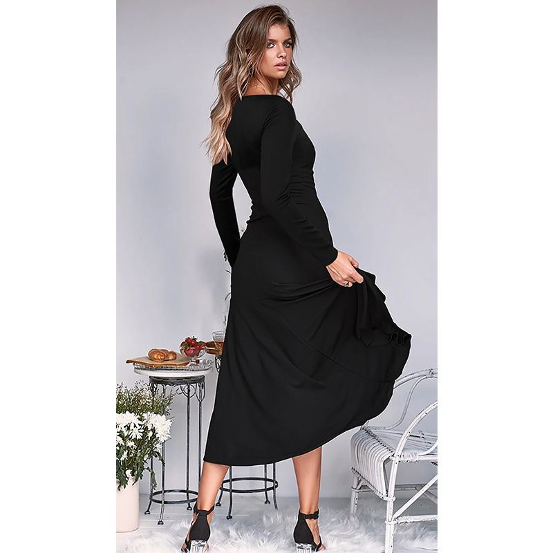 Women Dress Square Collar Long Sleeve Mermaid High Waist Black Maxi es Asymmetry Hem Plus Size es 210524