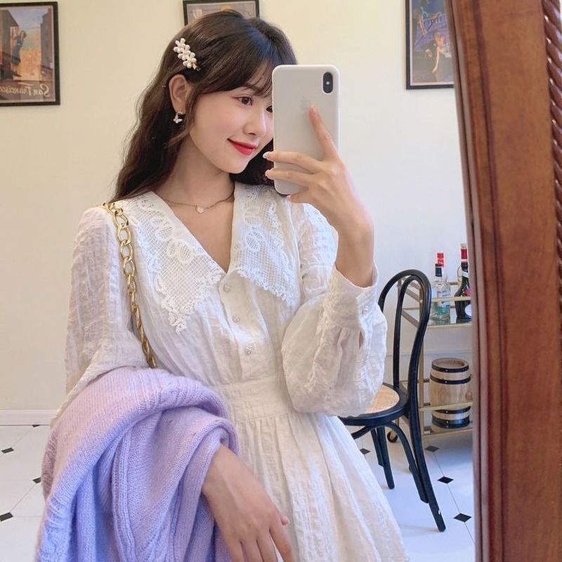 White Fairy Dress Women Long Sleeve French Vintage Party Dress Female Autumn Midi Elegant Dress Korea Office Lady 210521