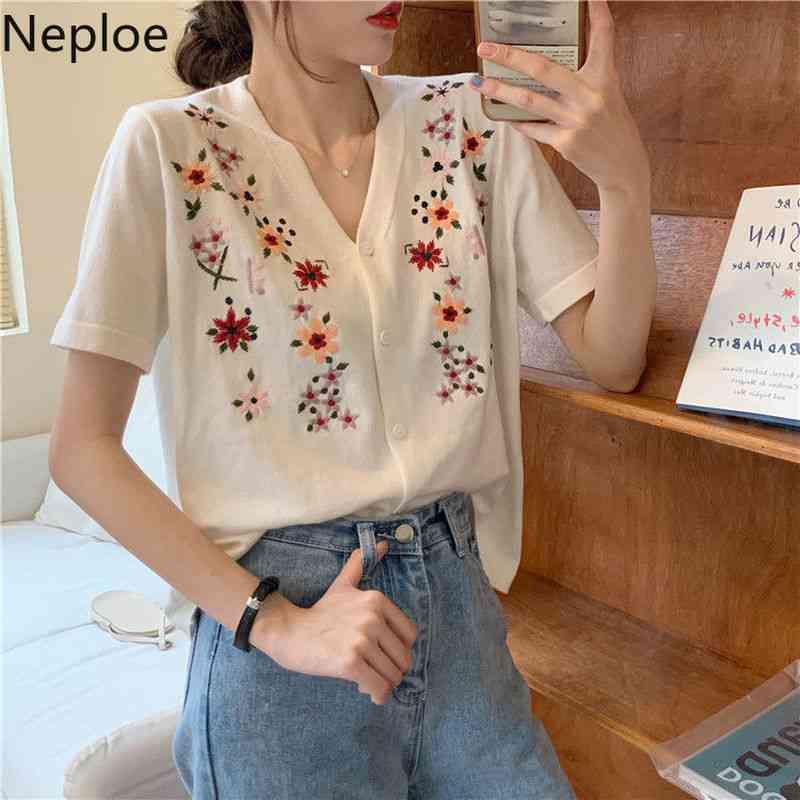 Neploe Women Sweater Coat Summer V Neck Embroidery Knitted Cardigan Jacket Short Sleeve Single Breasted Thin Vintage Tops 4l165 210422