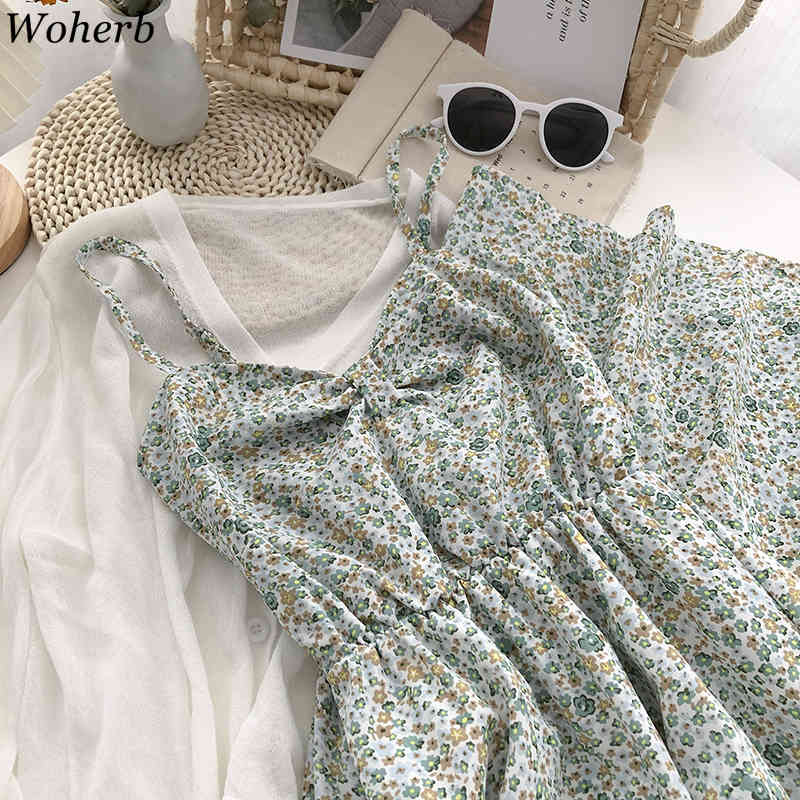 Floral V-neck Sling Dress Women Summer Slim Pleated Sleeveless Chiffon A-line Dresses Fashion Temperament Vestidos 210519