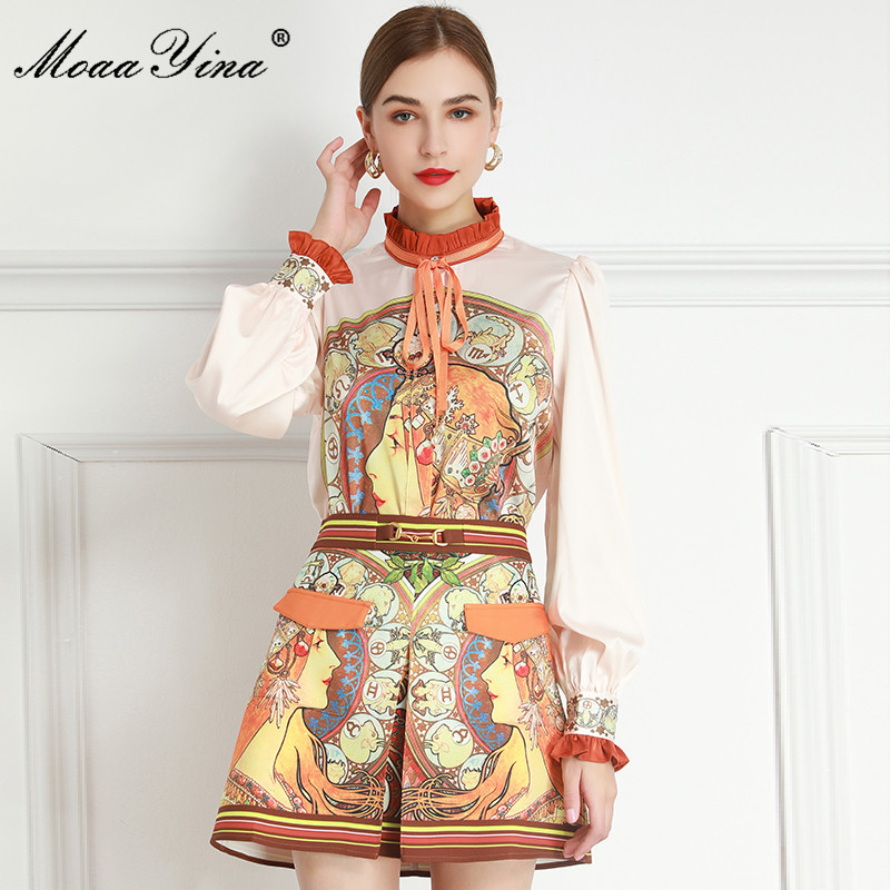 Fashion Set Spring Women's Long sleeve Twelve constellations Print Blouses Tops+Shorts Two-piece set 210524