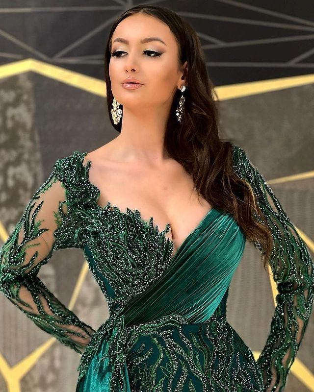 Size Plus Arabic Aso Ebi Luxurious Dark Green Prom Dresses Lace Beaded Mermaid Evening Formal Party Second Reception Gowns Dress ZJ