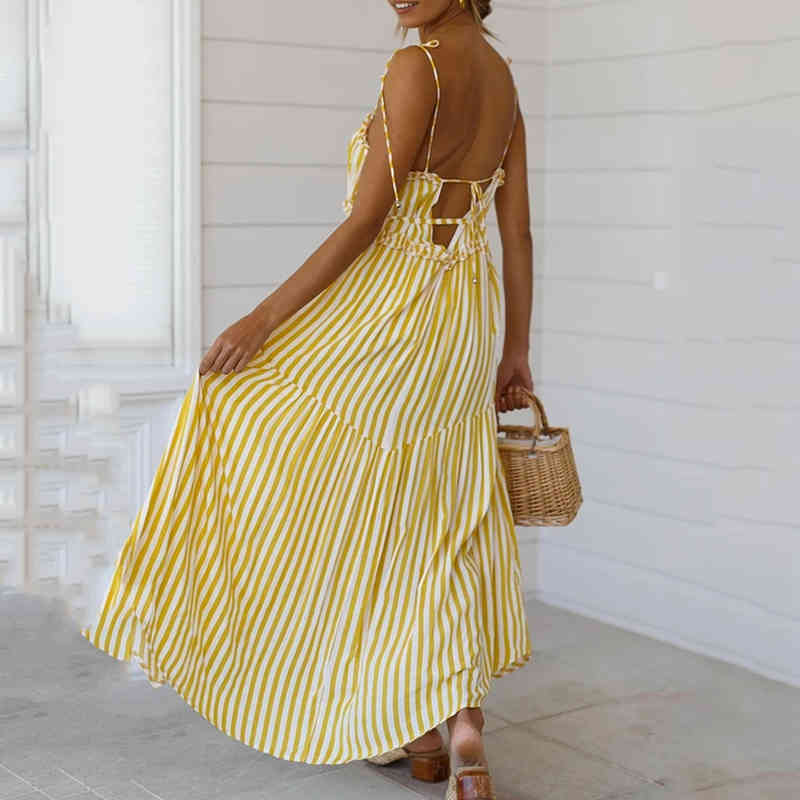 striped lace up yellow maxi long dress women ruffle casual beach holiday sun sexy backless irregular vestidos 210427